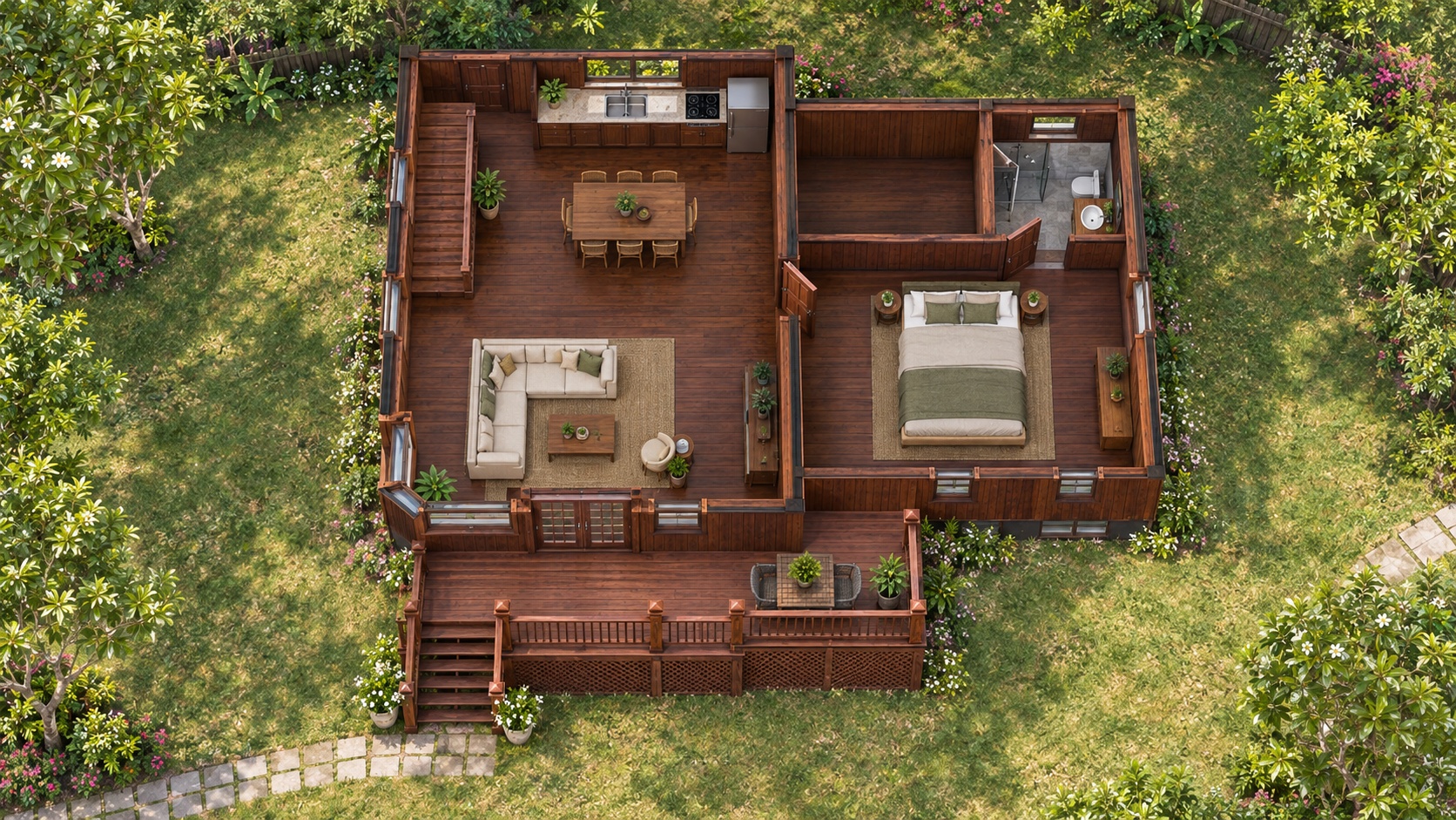 Nhà Gỗ Homestay S31 - Hai Tầng Sàn Deck Rộng Ống Khói Gạch, Gỗ Thông Nhà Gỗ Homestay S31 - Hai Tầng Sàn Deck Rộng Ống Khói Gạch, Gỗ Thông