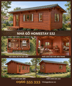 Nhà Gỗ Homestay S32 - Một Tầng Khối Dài Cửa Sổ Rộng, Gỗ Thông