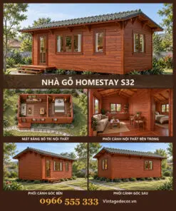 Nhà gỗ homestay S32 khối dài cửa sổ rộng – ảnh ghép mặt trước, mặt bằng, gian khách, góc bên, góc sau