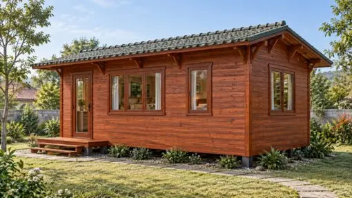 Nhà Gỗ Homestay S32 - Một Tầng Khối Dài Cửa Sổ Rộng, Gỗ Thông Nhà gỗ homestay S32 – khối dài một tầng, cửa sổ ba cánh, mái đua trên con sơn gỗ