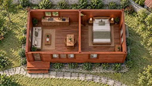 Nhà Gỗ Homestay S32 - Một Tầng Khối Dài Cửa Sổ Rộng, Gỗ Thông Nhà gỗ homestay S32 nhìn từ trên – gian khách có bếp, bàn hai ghế, phòng ngủ giường đôi