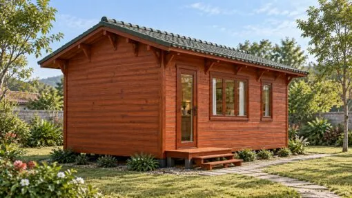 Nhà Gỗ Homestay S32 - Một Tầng Khối Dài Cửa Sổ Rộng, Gỗ Thông Nhà gỗ homestay S32 – đầu hồi có cửa đi và bậc gỗ, nhà kê trên trụ thấp