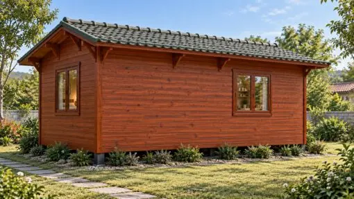 Nhà Gỗ Homestay S32 - Một Tầng Khối Dài Cửa Sổ Rộng, Gỗ Thông Nhà gỗ homestay S32 – mặt sau vách ván ngang, hai cửa sổ dưới mái đua