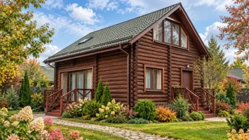 Nhà Gỗ Homestay S34 - Gỗ Súc Hai Tầng Hai Hiên Nhỏ, Gỗ Thông Nhà gỗ homestay S34 – gỗ súc tròn, ô kính lớn đầu hồi, hai hiên nhỏ lan can chữ X