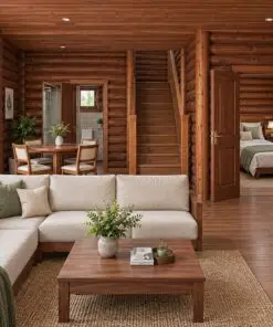 Nhà gỗ homestay S34 – phòng khách sofa chữ L, cửa kính, qua cửa thấy phòng ngủ