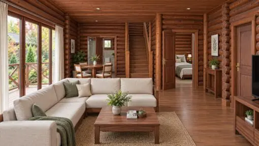 Nhà Gỗ Homestay S34 - Gỗ Súc Hai Tầng Hai Hiên Nhỏ, Gỗ Thông Nhà gỗ homestay S34 – phòng khách sofa chữ L, cửa kính, qua cửa thấy phòng ngủ