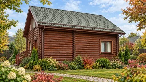 Nhà Gỗ Homestay S34 - Gỗ Súc Hai Tầng Hai Hiên Nhỏ, Gỗ Thông Nhà gỗ homestay S34 – mặt dài gỗ tròn, góc nhà đầu gỗ chồng mộng, hiên nhỏ ở đầu