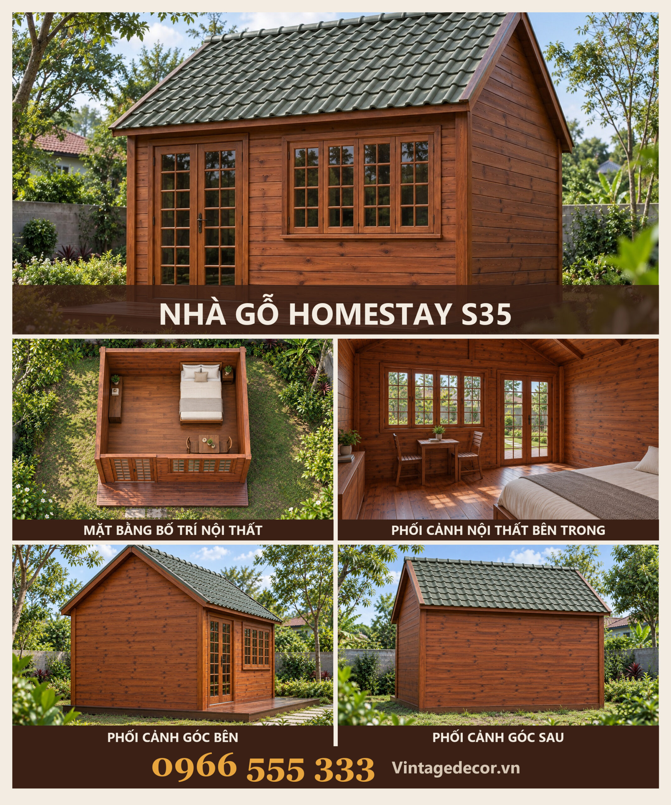 Nhà Gỗ Homestay S35 - Một Gian Cửa Kính Chia Ô Sàn Gỗ Trước, Gỗ Thông Nhà Gỗ Homestay S35 - Một Gian Cửa Kính Chia Ô Sàn Gỗ Trước, Gỗ Thông