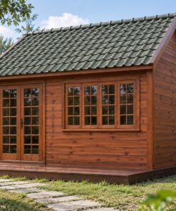 Nhà Gỗ Homestay S35 - Một Gian Cửa Kính Chia Ô Sàn Gỗ Trước, Gỗ Thông