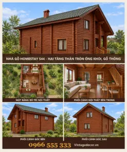 Nhà gỗ homestay S44 thân tròn ống khói – ảnh ghép mặt trước, mặt bằng, phòng khách, góc bên, góc sau