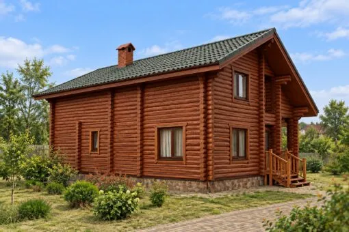Nhà Gỗ Homestay S44 - Hai Tầng Thân Tròn Ống Khói, Gỗ Thông Nhà gỗ homestay S44 – hai tầng gỗ thông tròn, ống khói gạch đỏ trên nóc, lối vào lõm dưới đầu hồi
