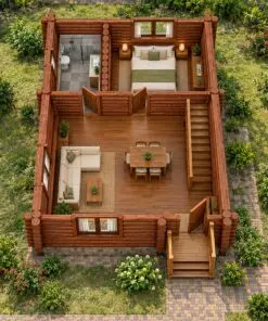 Nhà gỗ homestay S44 nhìn từ trên – sofa góc, bàn ăn, cầu thang dọc vách, phòng ngủ và phòng tắm