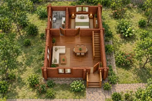 Nhà Gỗ Homestay S44 - Hai Tầng Thân Tròn Ống Khói, Gỗ Thông Nhà gỗ homestay S44 nhìn từ trên – sofa góc, bàn ăn, cầu thang dọc vách, phòng ngủ và phòng tắm