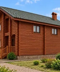Nhà gỗ homestay S44 – góc bên, bậc gỗ và lan can lối vào, chân tường ốp đá