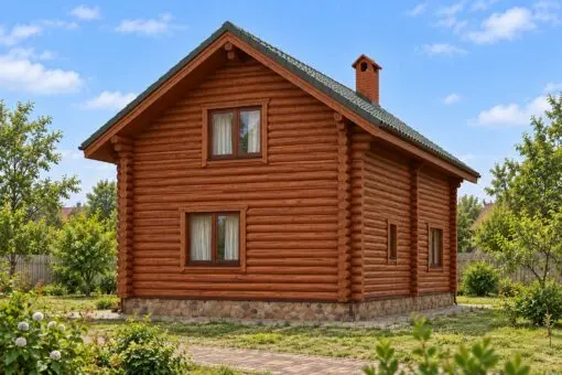 Nhà Gỗ Homestay S44 - Hai Tầng Thân Tròn Ống Khói, Gỗ Thông Nhà gỗ homestay S44 – đầu hồi sau, hai cửa sổ trên dưới, ống khói phía sau nóc