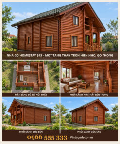Nhà Gỗ Homestay S45 - Một Tầng Thân Tròn Hiên Nhỏ, Gỗ Thông