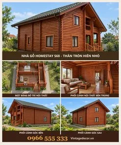 Nhà gỗ homestay S68 thân tròn hiên nhỏ – ảnh ghép mặt trước, mặt bằng, phòng khách, góc bên, góc sau