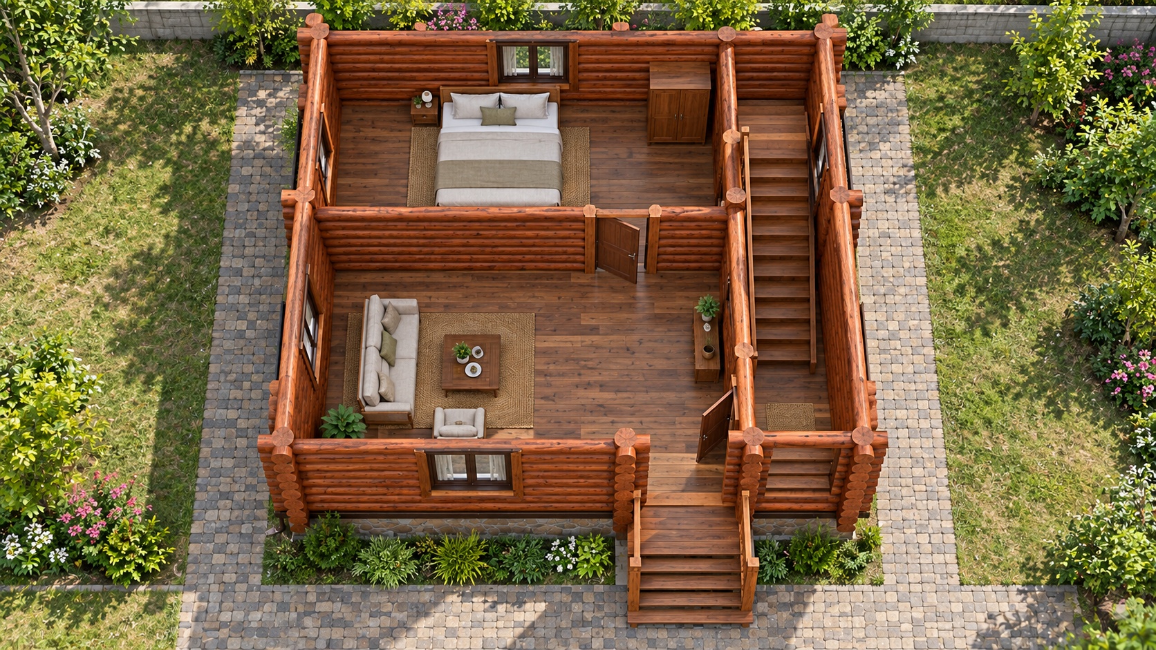 Nhà Gỗ Homestay S45 - Một Tầng Thân Tròn Hiên Nhỏ, Gỗ Thông Nhà Gỗ Homestay S45 - Một Tầng Thân Tròn Hiên Nhỏ, Gỗ Thông