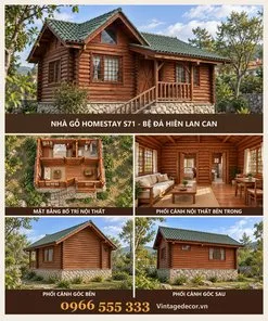 Nhà gỗ homestay S71 bệ đá hiên lan can – ảnh ghép mặt trước, mặt bằng, phòng khách, góc bên, góc sau