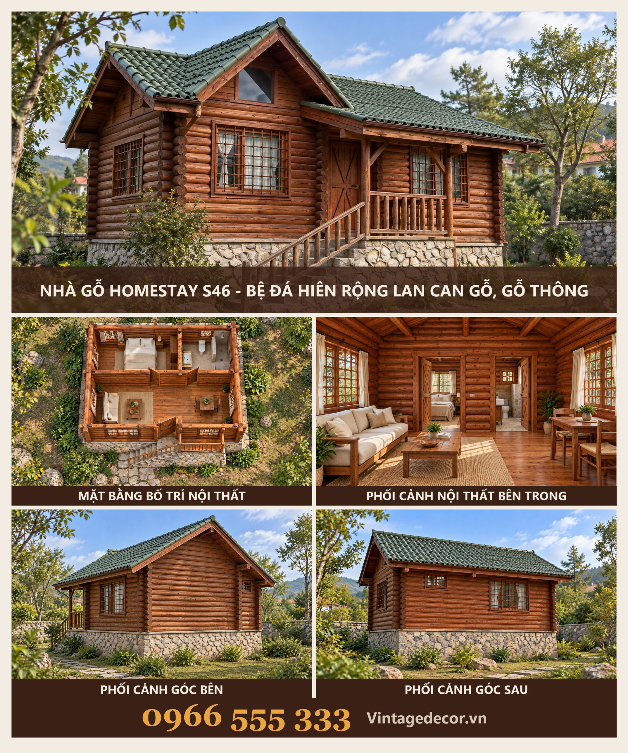 Nhà Gỗ Homestay S46 - Bệ Đá Hiên Rộng Lan Can Gỗ, Gỗ Thông Nhà Gỗ Homestay S46 - Bệ Đá Hiên Rộng Lan Can Gỗ, Gỗ Thông
