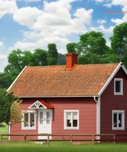 Nhà gỗ homestay S40 – đầu hồi vách đỏ, cửa trắng có mái che đỏ, ống khói gạch, hàng rào thấp