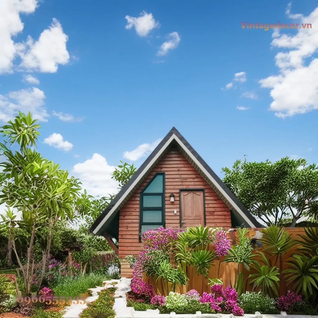 Nhà gỗ homestay S64 chữ A: mái xám đen viền trắng, mặt hồi ván ngang nâu đỏ, cửa gỗ và ô cửa kính xanh, luống hoa phía trước