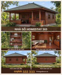 Nhà Gỗ Homestay S65 - Một Gian Mái Ngói Nhựa Âm Dương Xanh Rêu, Gỗ Thông
