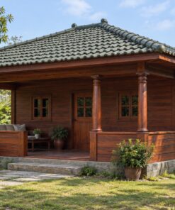 Nhà Gỗ Homestay S65 - Một Gian Mái Ngói Nhựa Âm Dương Xanh Rêu, Gỗ Thông
