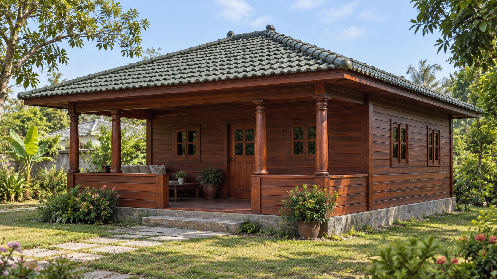 Nhà Gỗ Homestay S65 - Một Gian Mái Ngói Nhựa Âm Dương Xanh Rêu, Gỗ Thông Nhà Gỗ Homestay S65 - Một Gian Mái Ngói Nhựa Âm Dương Xanh Rêu, Gỗ Thông