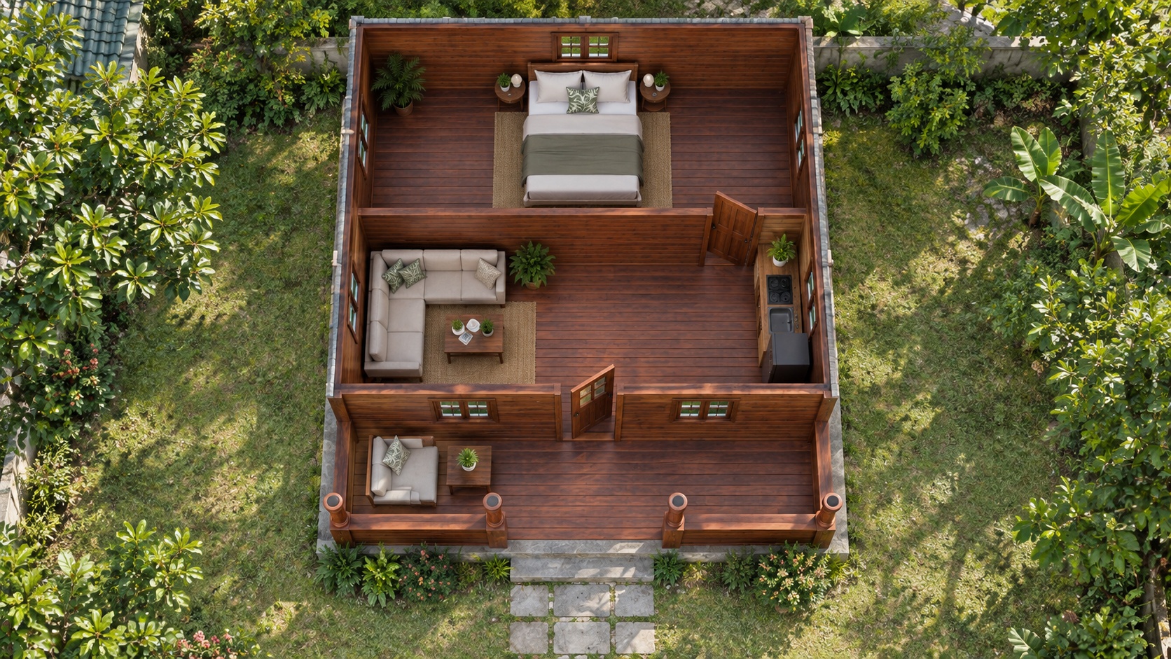 Nhà Gỗ Homestay S65 - Một Gian Mái Ngói Nhựa Âm Dương Xanh Rêu, Gỗ Thông Nhà Gỗ Homestay S65 - Một Gian Mái Ngói Nhựa Âm Dương Xanh Rêu, Gỗ Thông