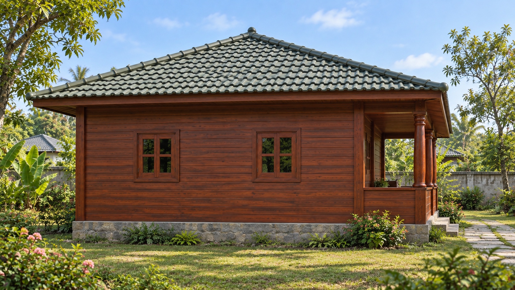 Nhà Gỗ Homestay S65 - Một Gian Mái Ngói Nhựa Âm Dương Xanh Rêu, Gỗ Thông Nhà Gỗ Homestay S65 - Một Gian Mái Ngói Nhựa Âm Dương Xanh Rêu, Gỗ Thông
