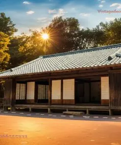 Nhà gỗ Nhật Bản J16 – nhà thấp dài, shoji mặt trước, sân lát lúc nắng chiều