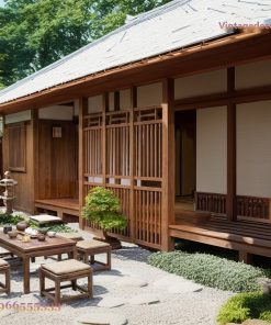 Nhà Gỗ Nhật Bản J22 - Trà Thất Sân Sỏi Bàn Trà Thấp, Gỗ Thông