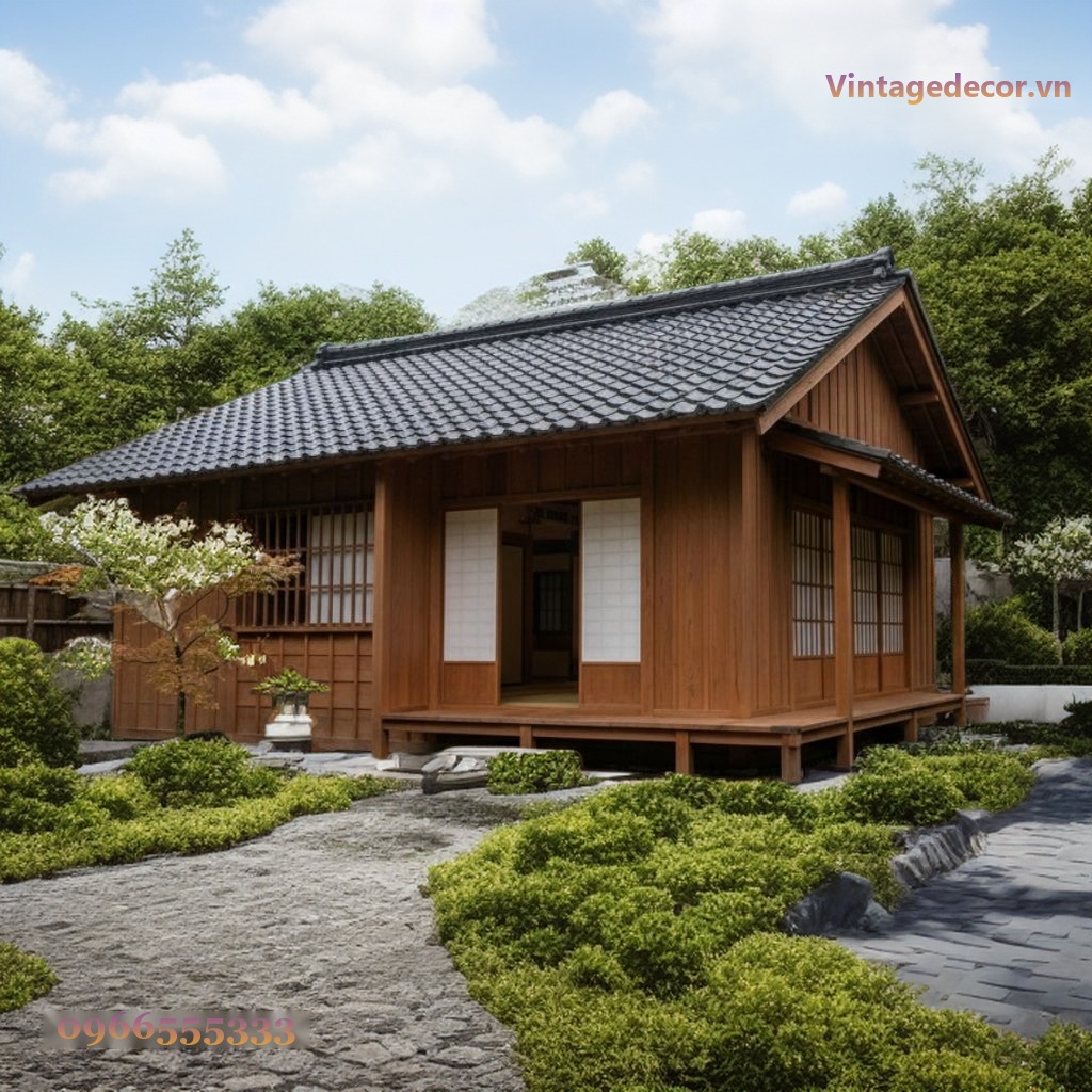 Nhà Gỗ Nhật Bản J29 - Nhà Nhỏ Vườn Khô Hoa Trắng, Gỗ Thông Nhà Gỗ Nhật Bản J29 - Nhà Nhỏ Vườn Khô Hoa Trắng, Gỗ Thông