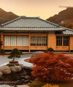 Nhà gỗ Nhật Bản J30 – nhà dài mái thấp lúc chiều, phong lá đỏ, bonsai và ao nhỏ