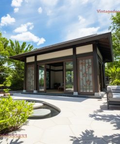 Nhà Gỗ Nhật Bản J41 - Hiện Đại Cửa Chạm Hoa Anh Đào, Gỗ Thông
