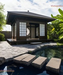 Nhà Gỗ Nhật Bản J42 - Gỗ Đen Cửa Trăng Tròn Bên Hồ, Gỗ Thông