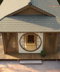 Nhà Gỗ Nhật Bản J43 - Cửa Nguyệt Môn Tường Trắng, Gỗ Thông