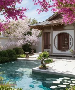 Nhà Gỗ Nhật Bản J43 - Cửa Nguyệt Môn Tường Trắng, Gỗ Thông