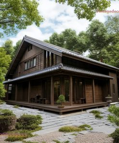 Nhà Gỗ Nhật Bản J44 - Hai Tầng Gỗ Sẫm Hiên Kính, Gỗ Thông