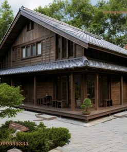 Nhà Gỗ Nhật Bản J44 - Hai Tầng Gỗ Sẫm Hiên Kính, Gỗ Thông
