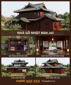 Nhà Gỗ Nhật Bản J45 - Hai Tầng Mái Ngói Nhựa Âm Dương Xanh Rêu, Gỗ Thông