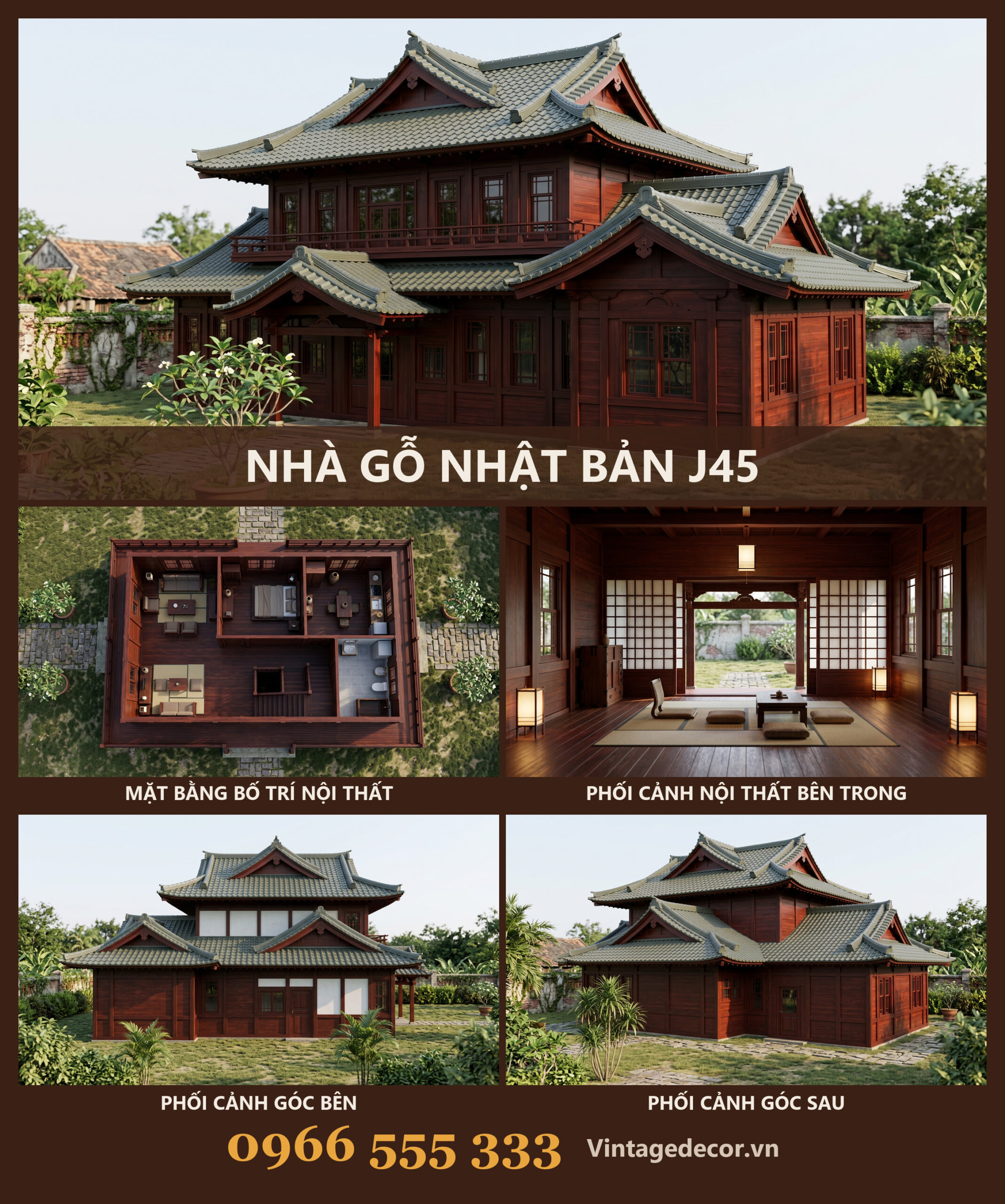 Nhà Gỗ Nhật Bản J45 - Hai Tầng Mái Ngói Nhựa Âm Dương Xanh Rêu, Gỗ Thông Nhà Gỗ Nhật Bản J45 - Hai Tầng Mái Ngói Nhựa Âm Dương Xanh Rêu, Gỗ Thông