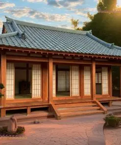 Nhà gỗ Nhật Bản J47 – khung gỗ đỏ, mái ngói xanh xám, hàng shoji, ba bậc tam cấp