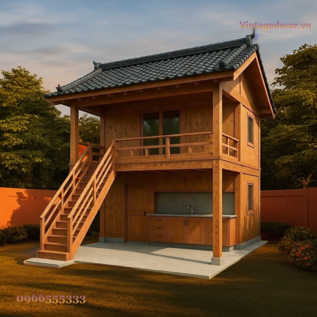 Nhà Gỗ Nhật Bản J51 - Hai Tầng Bếp Dưới Cầu Thang Ngoài, Gỗ Thông Nhà Gỗ Nhật Bản J51 - Hai Tầng Bếp Dưới Cầu Thang Ngoài, Gỗ Thông