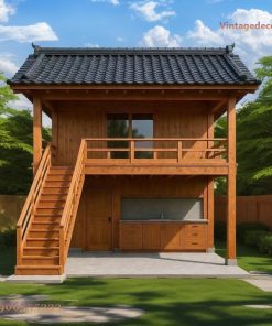 Nhà Gỗ Nhật Bản J51 - Hai Tầng Bếp Dưới Cầu Thang Ngoài, Gỗ Thông