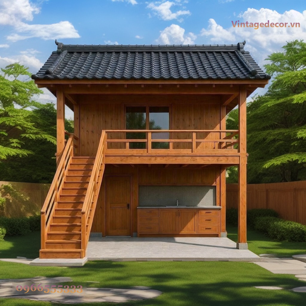 Nhà Gỗ Nhật Bản J51 - Hai Tầng Bếp Dưới Cầu Thang Ngoài, Gỗ Thông Nhà Gỗ Nhật Bản J51 - Hai Tầng Bếp Dưới Cầu Thang Ngoài, Gỗ Thông