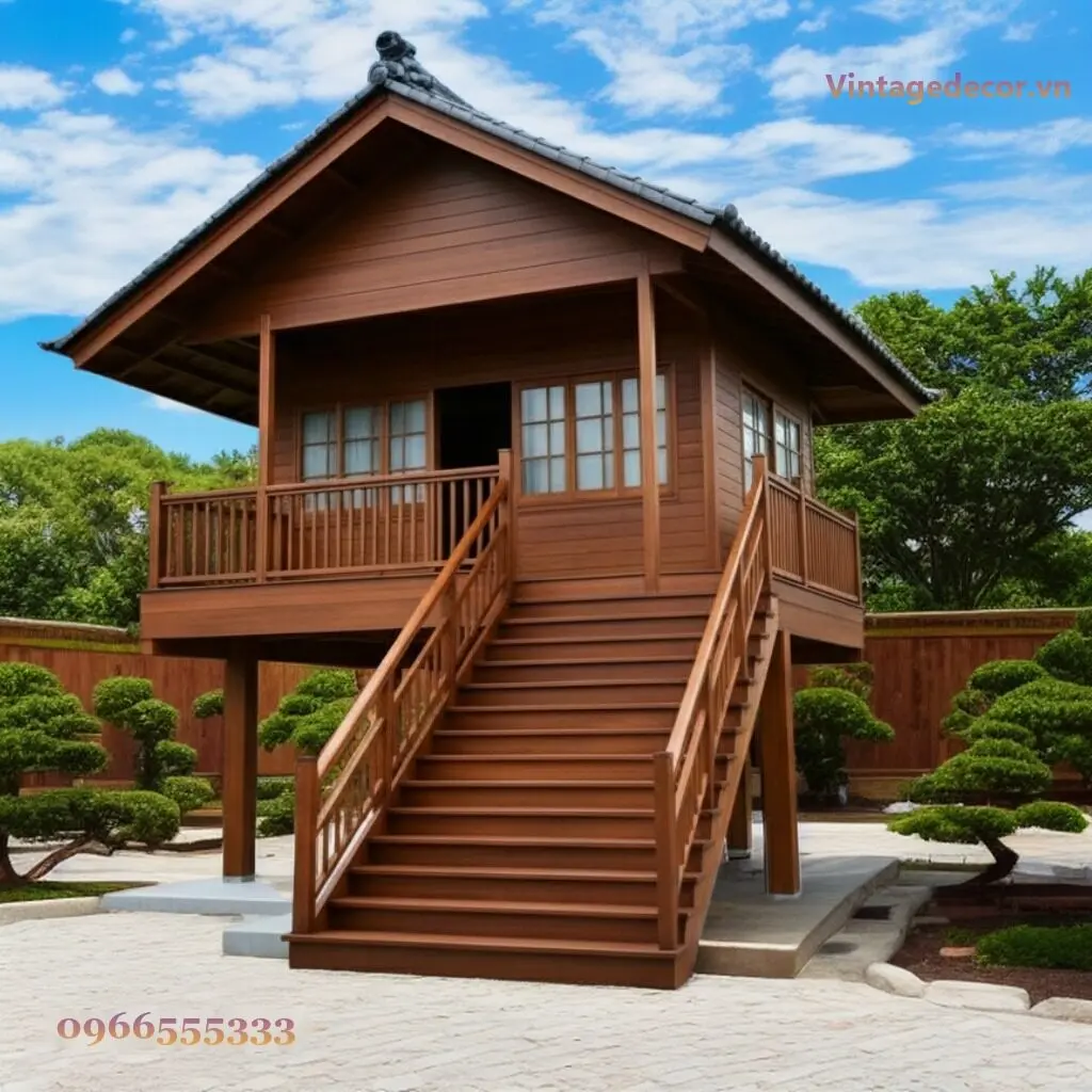 Nhà gỗ Nhật J52 nhà sàn: cầu thang gỗ rộng giữa mặt tiền lên ban công, tay vịn hai bên, cây tùng tỉa tán