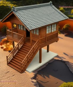 Nhà Gỗ Nhật Bản J52 - Nhà Sàn Cầu Thang Lớn Giữa, Gỗ Thông