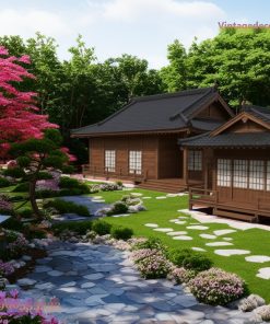 Nhà Gỗ Nhật Bản J54 - Cụm Hai Gian Vườn Cỏ Phong Hồng, Gỗ Thông